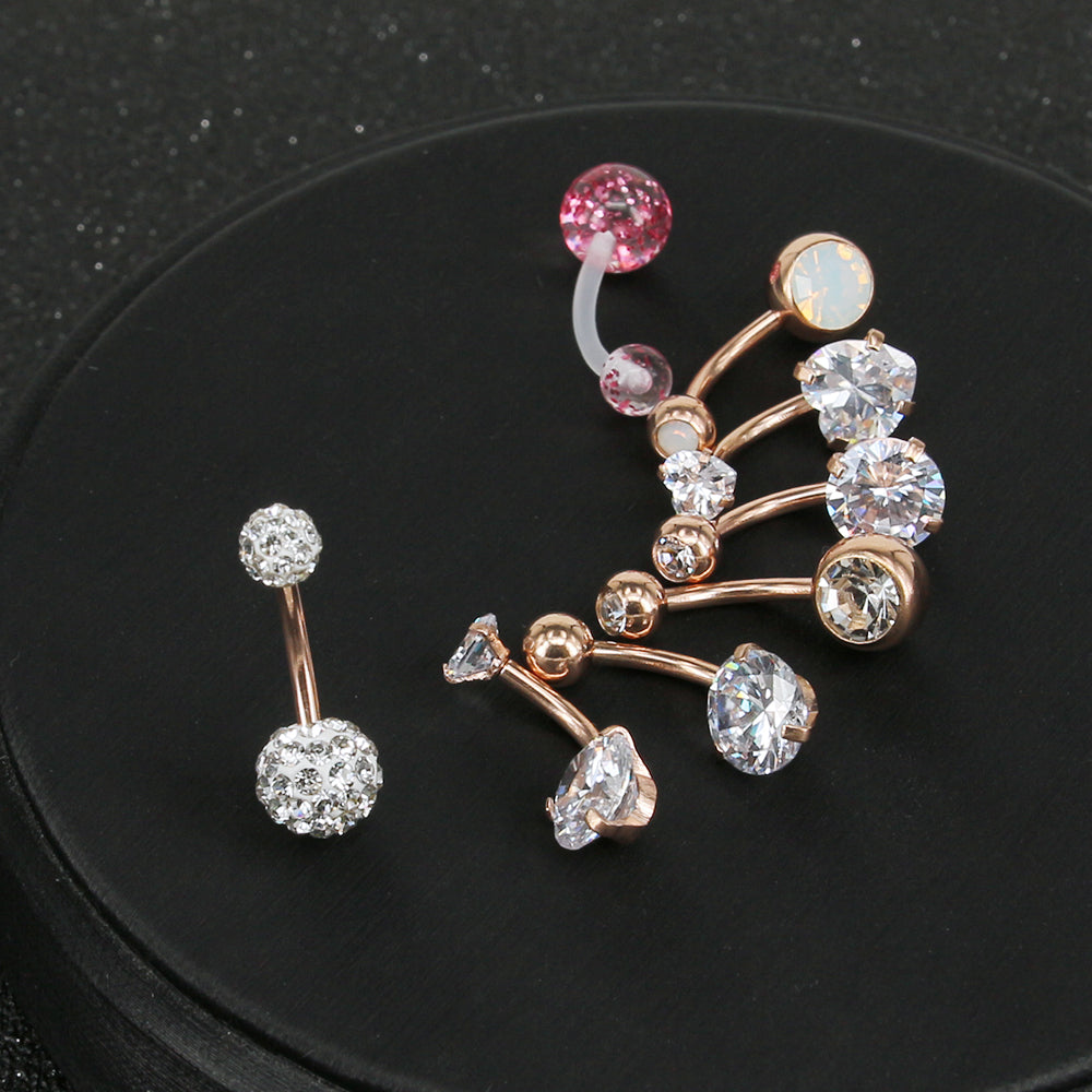 7 Pcs Rose Gold Belly Button Rings Crystal Zirconia Opal Navel Piercing - Economic Set