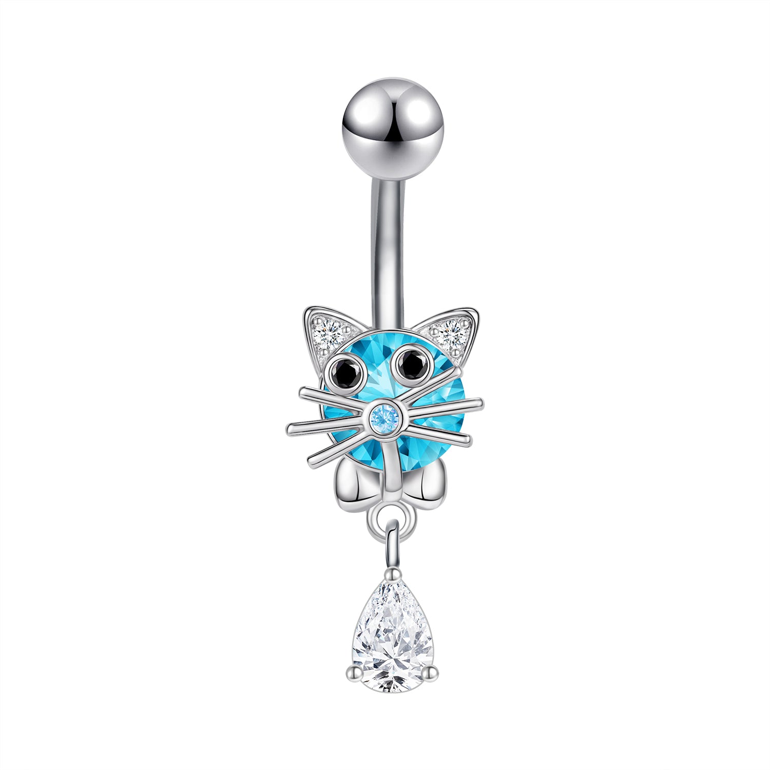 14G Cute Cat Belly Navel Rings Aqua Blue Zirconia Belly Button Rings
