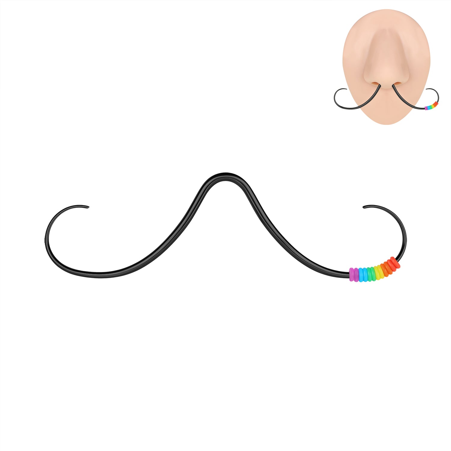 14G/16G Black Mustache Septum Ring Nose Piercing Jewelry with Rainbow Bead
