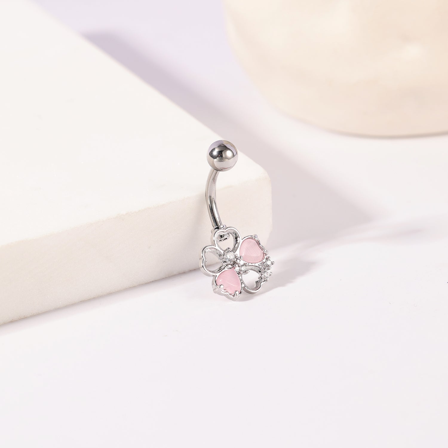 14G Heart Flower Belly Navel Rings Pink Stone Belly Button Rings