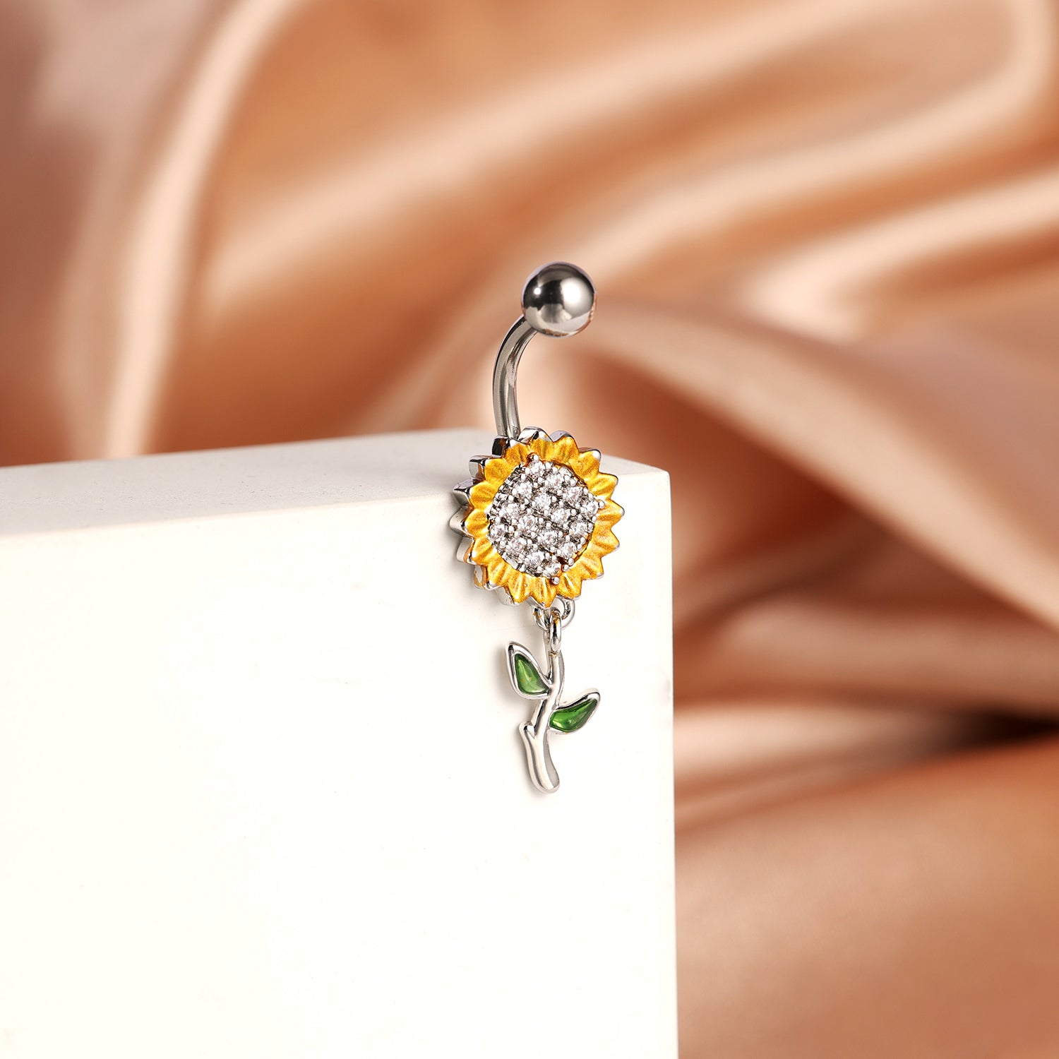 14G Sunflower Belly Rings Inlay Crystal Belly Navel Button Rings
