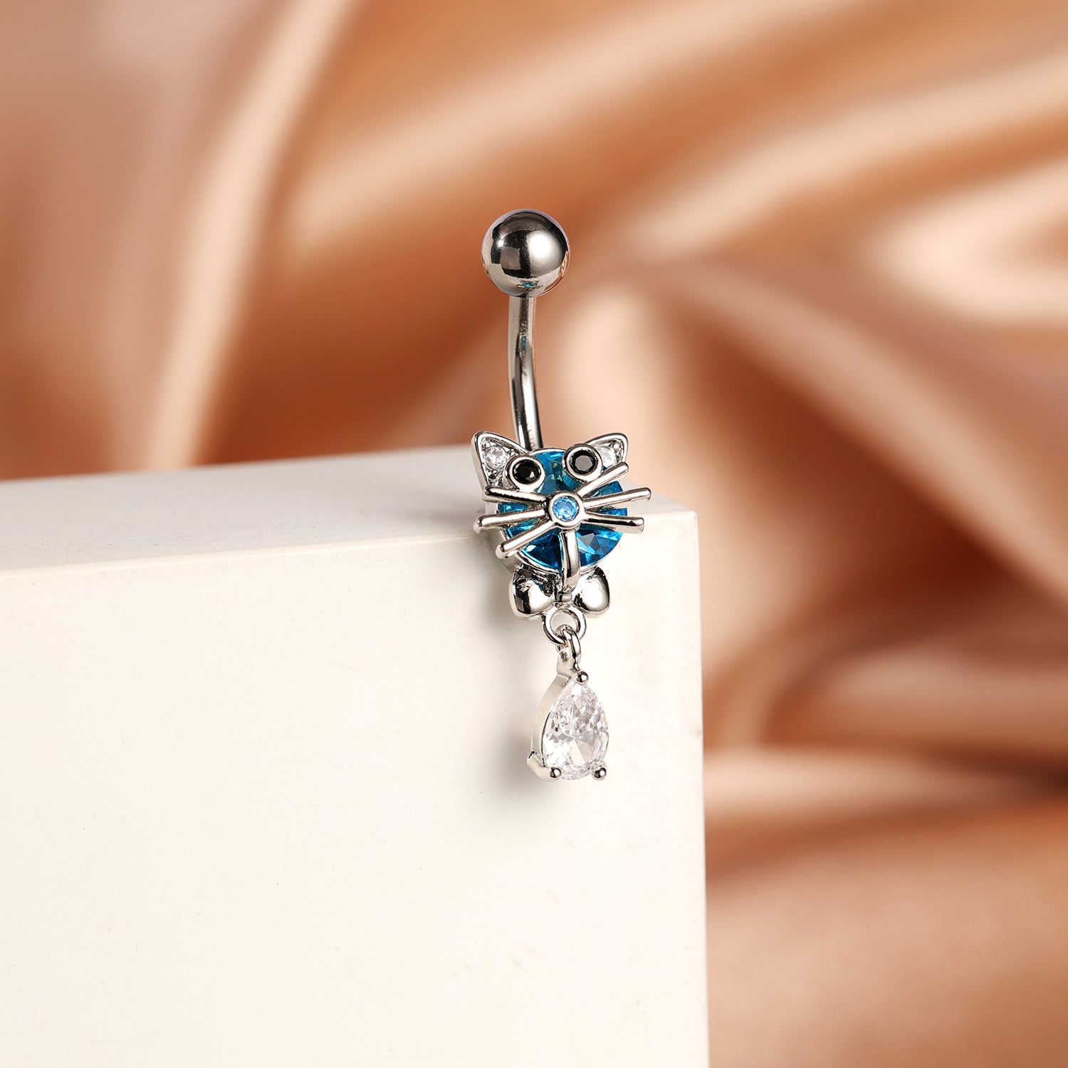 14G Cute Cat Belly Navel Rings Aqua Blue Zirconia Belly Button Rings