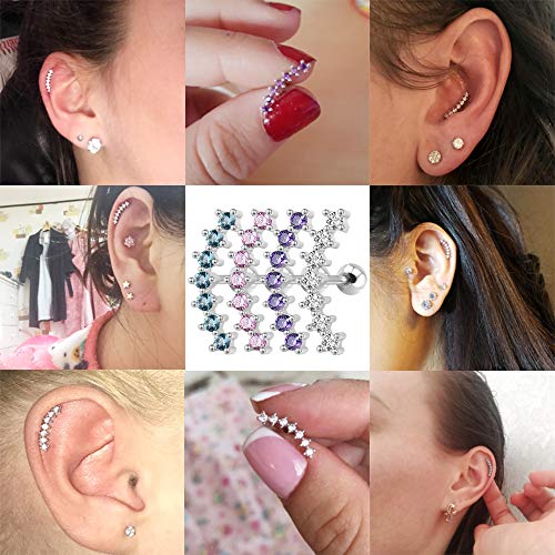 Curve Seven Stud CZ Stud Earrings 316L Stainless Steel Ear Helix Conch Cartilage Piercing