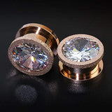 Rose Gold Stainless Steel Screw Big Cubic Zirconia Ear Gauges Plugs Tunnels Expander