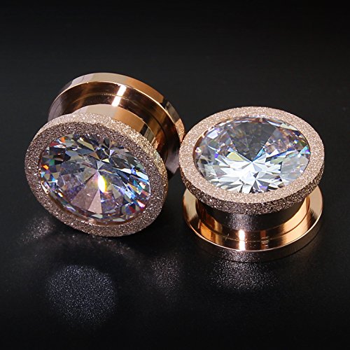 Rose Gold Stainless Steel Screw Big Cubic Zirconia Ear Gauges Plugs Tunnels Expander