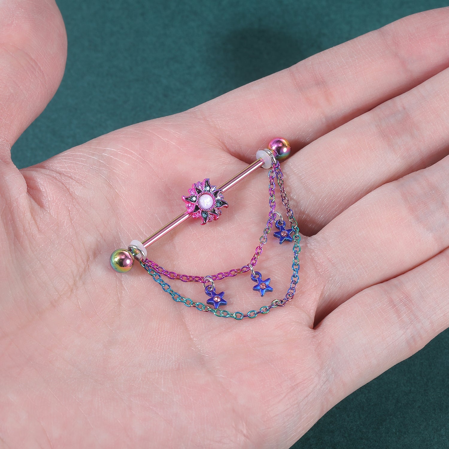 14g-flower-rainbow-industrial-barbell-star-dangle-chain-helix-ear-piercing