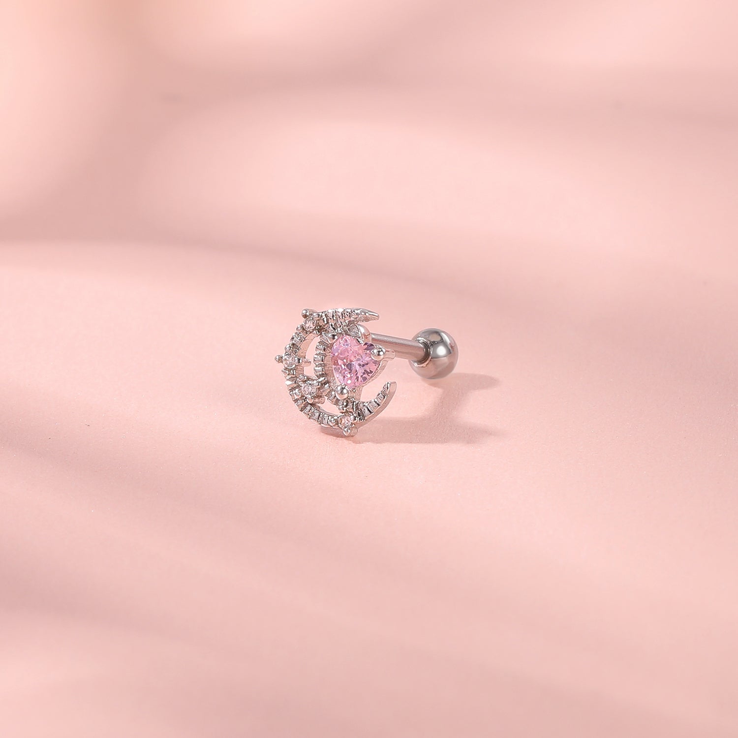 16G Pink Heart Stud Earring Moon Ear Stud Jewelry