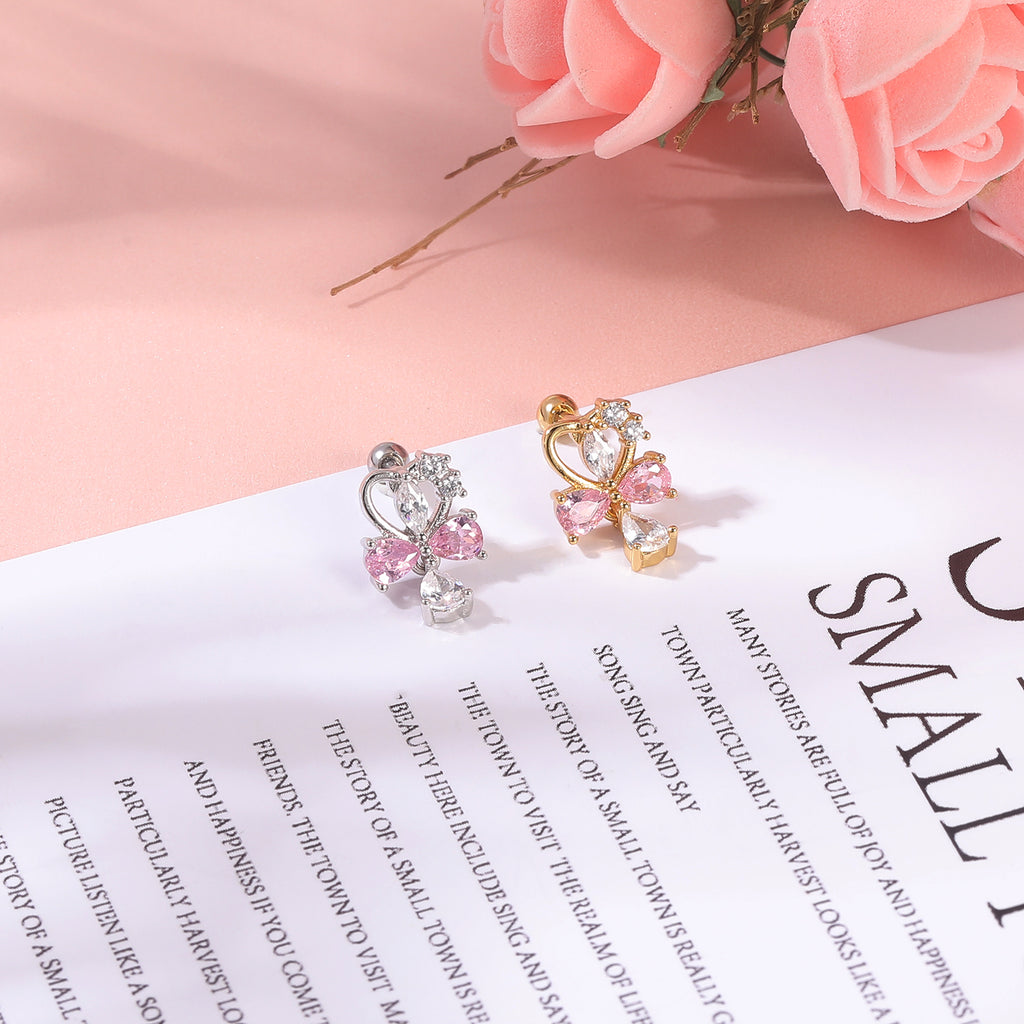 16G Pink Bowknot Stud Earring Gold Plated Heart Ear Stud Jewelry