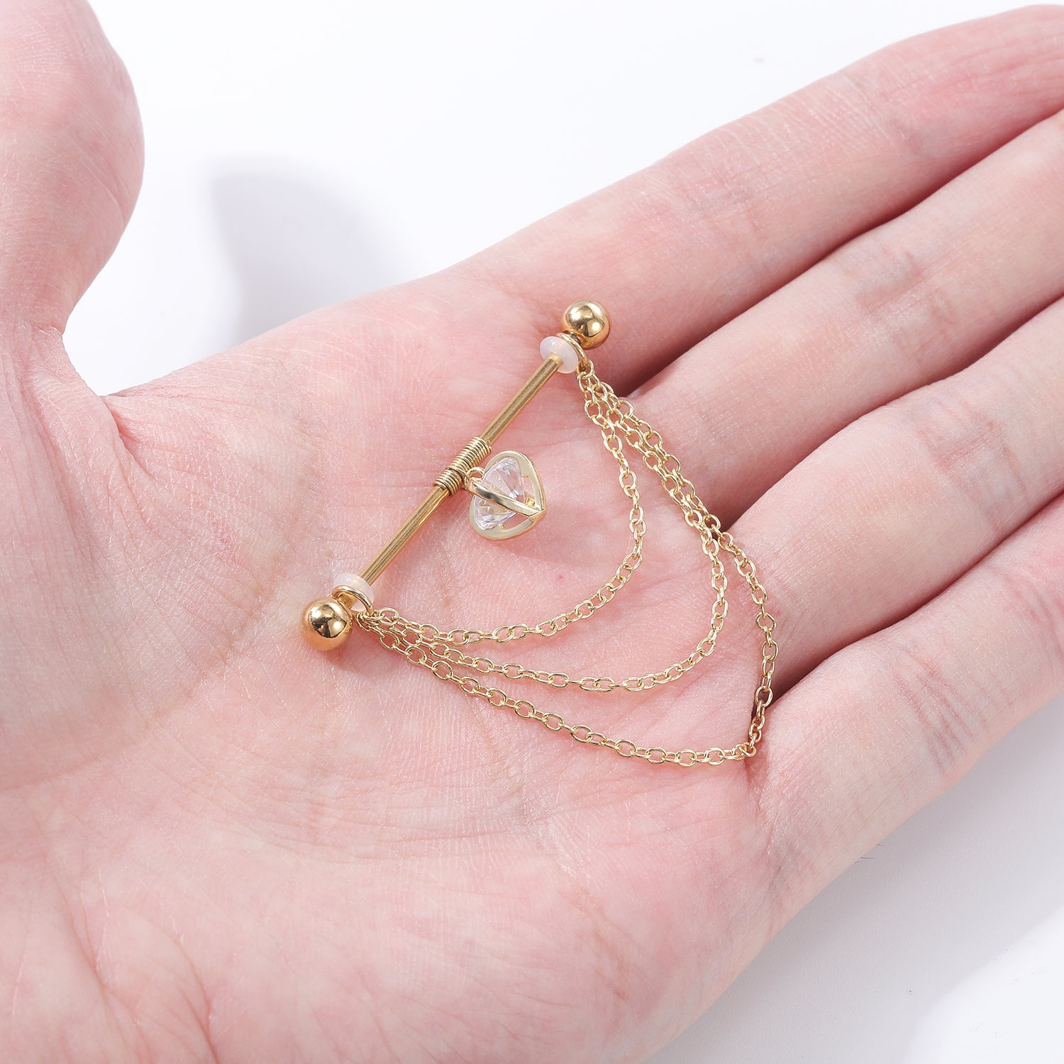 14G Crystal Gold Industrial Barbell Earring Dangle Chain Helix Ear Piercing