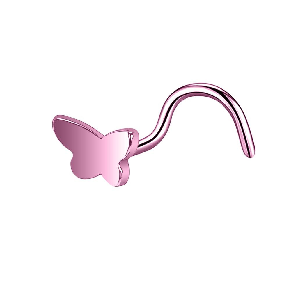 20G Pink Butterfly Nose Studs Piercing Nose Bone Shape L Shape Crokscrew Nose Rings Stainless Steel Nostril Piercing