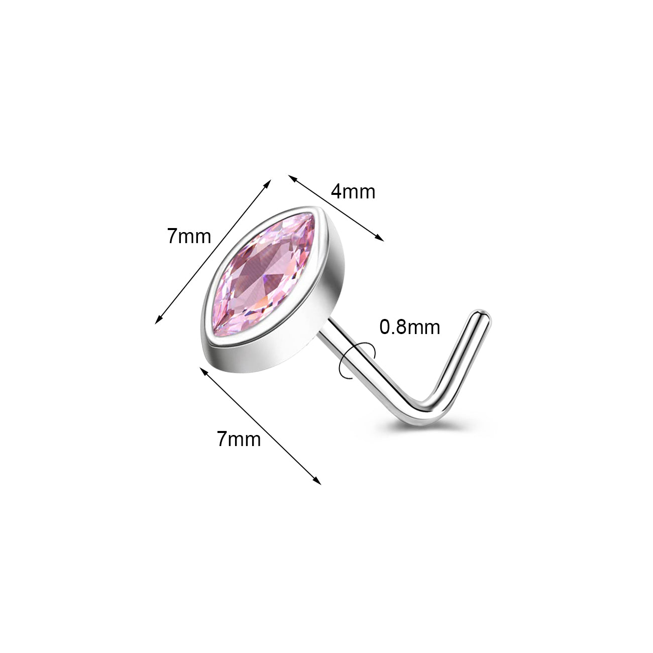 20g Oval Pink Crystal Nose Stud Piercing L Shaped Nostril Piercing