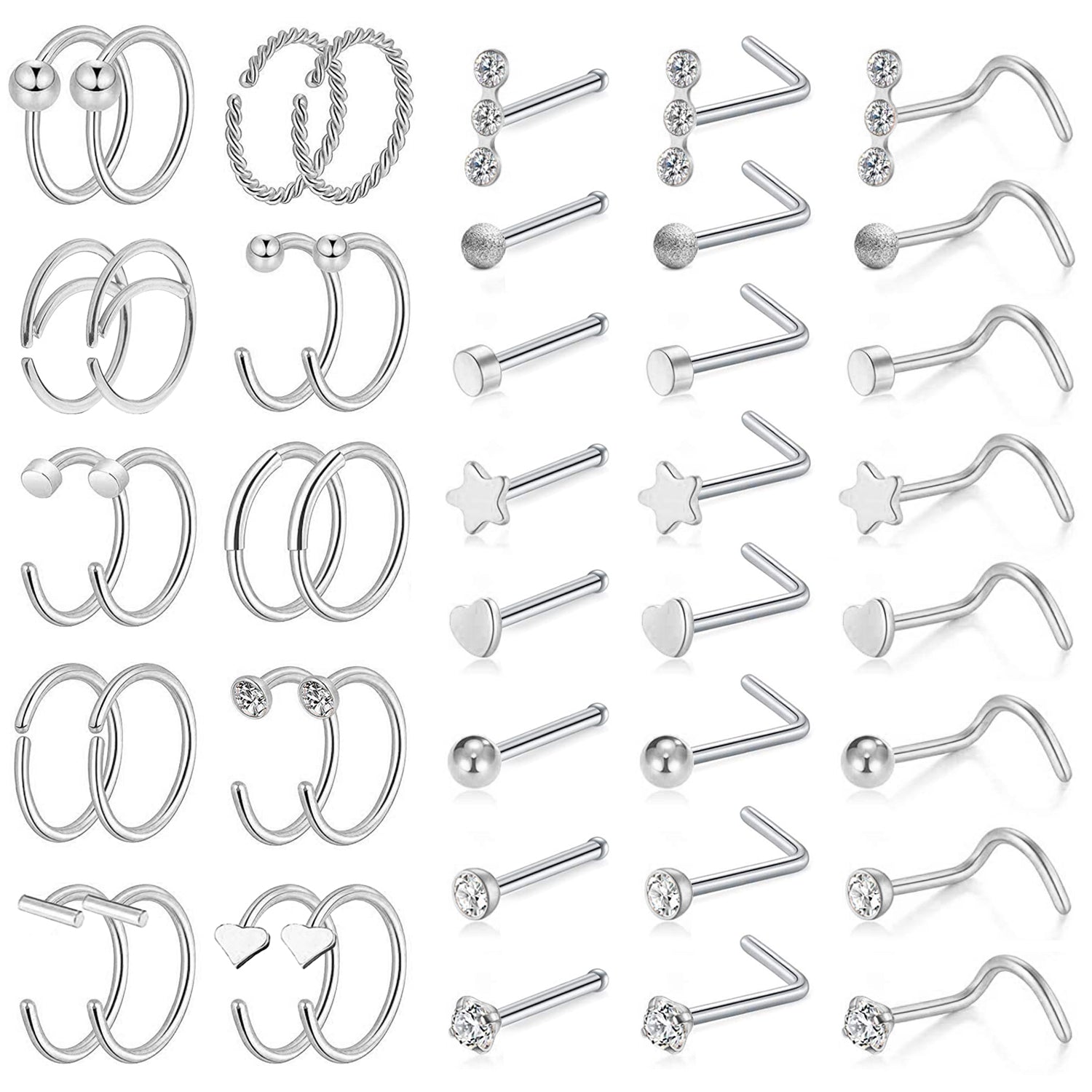 44-Pcs-Set-Silver-Nose-Rings-Piercing-Nose-Bone-L-Shaped-Nose-Screws-Stud-Economic-Set