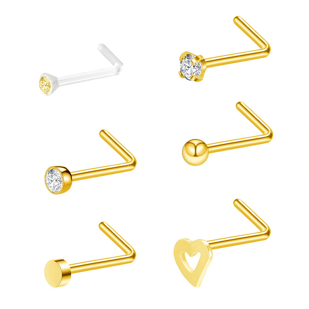 6Pcs-Set-Gold-L-Shaped-Nose-Stud-Rings-Clear-Bioflex-Nose-Piercing-Economic-Set
