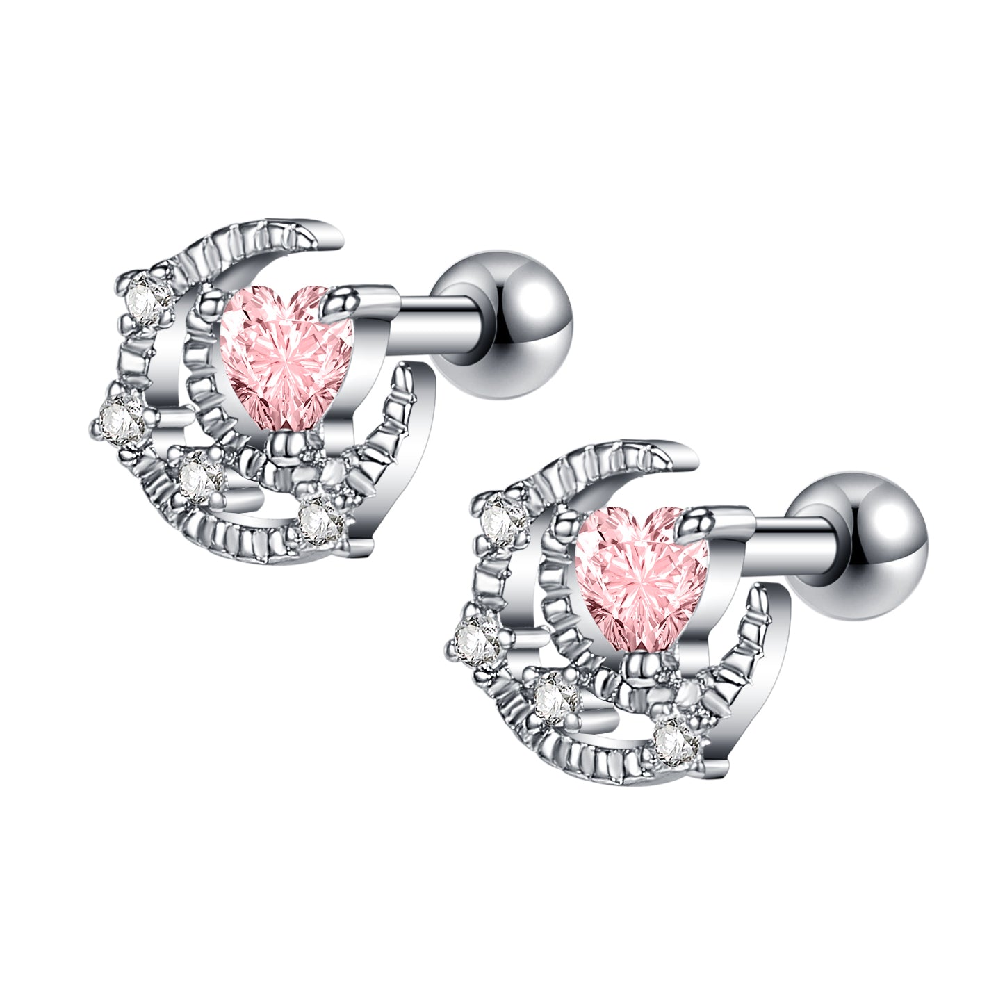 16G Pink Heart Stud Earring Moon Ear Stud Jewelry