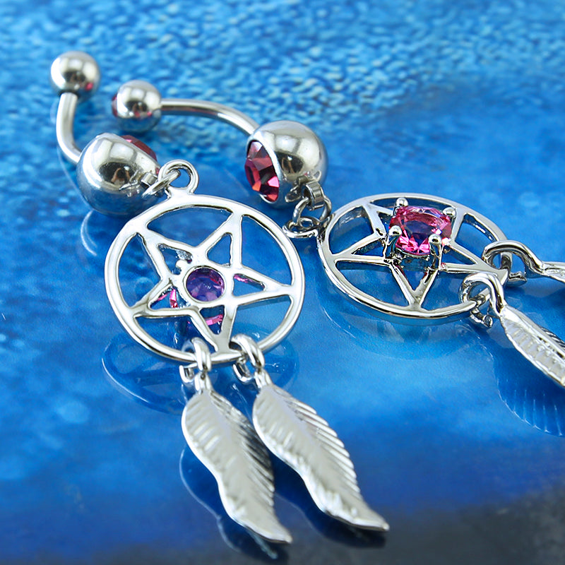 14g-Dreamcatcher-Stainless-Steel-Navel-Rings-Pink-Zircon-Dangle-Navel-Piercing-Jewelry