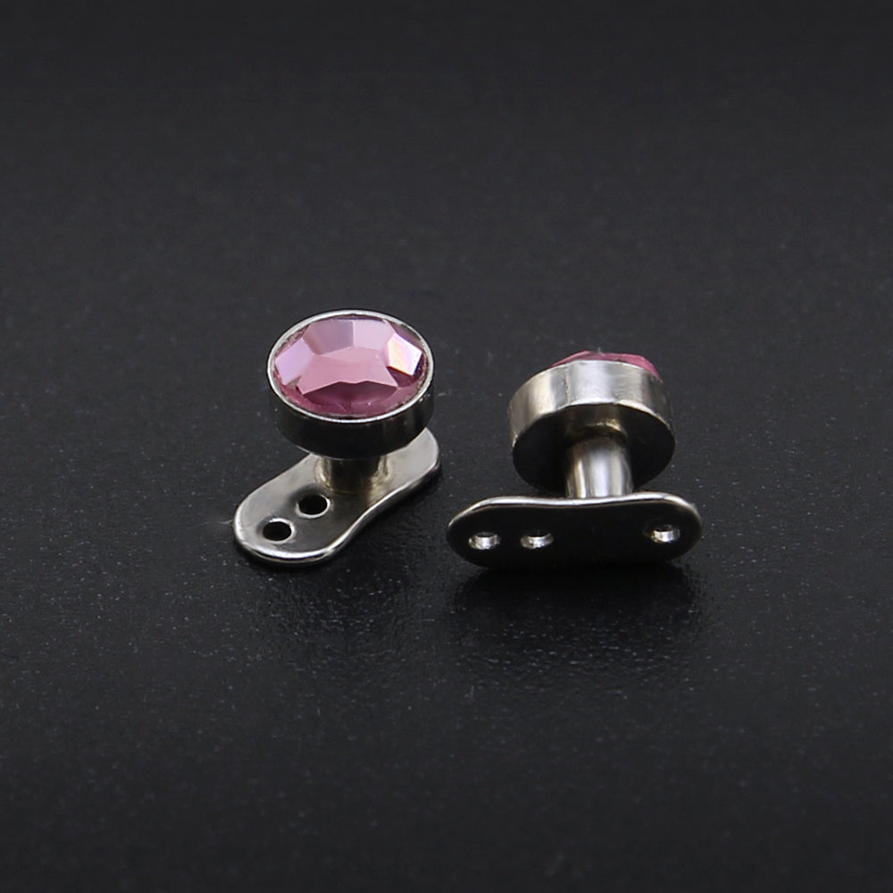 2 Pieces 14g Pink Crystal Dermal Anchor Tops & Surgical Steel Base Micro dermals
