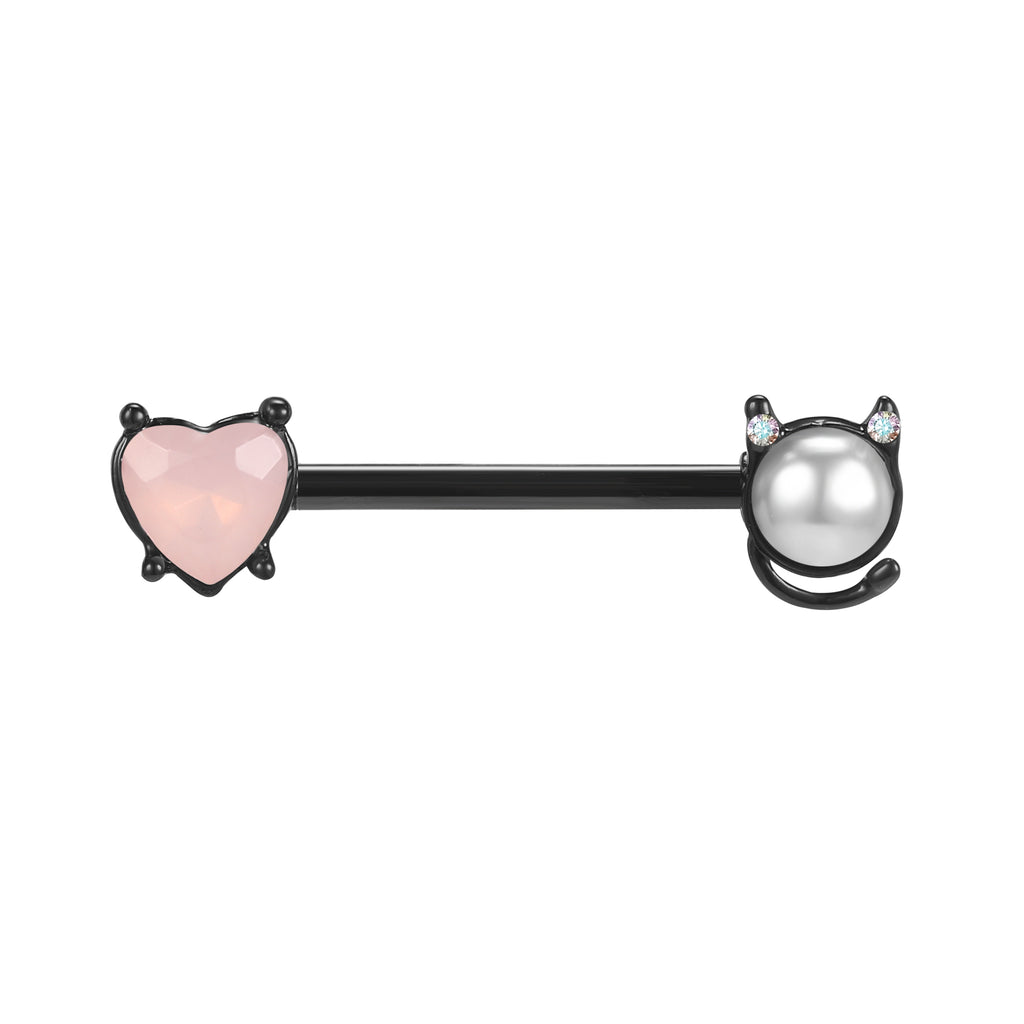 2pcs 14G Cat & Pearl Nipple Barbell Ring Pink Heart Nipple