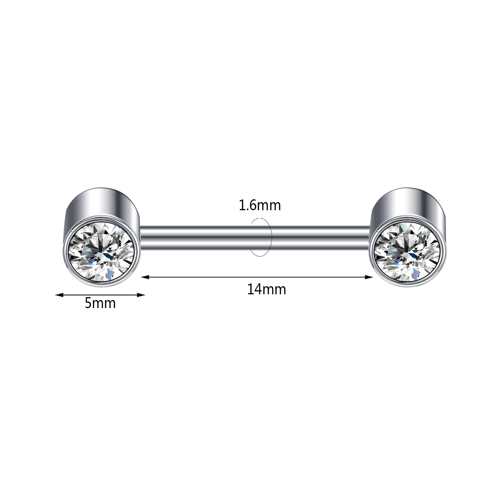 2pcs 14G Simple Nipple Barbell Ring Round Crystal Silver Nipple Piercing