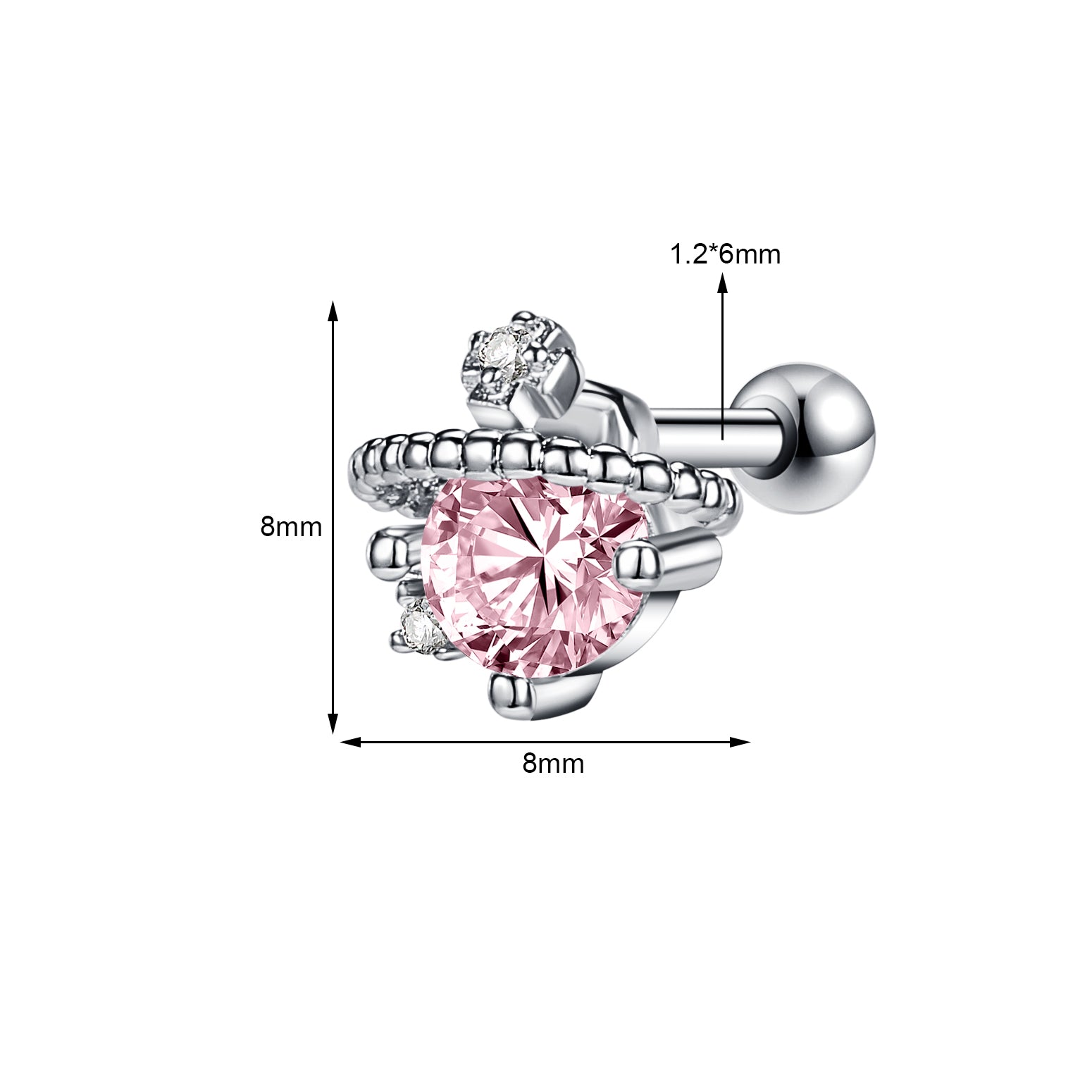 16G Pink Crystal Stud Earring Round Zircon Ear Stud Jewelry