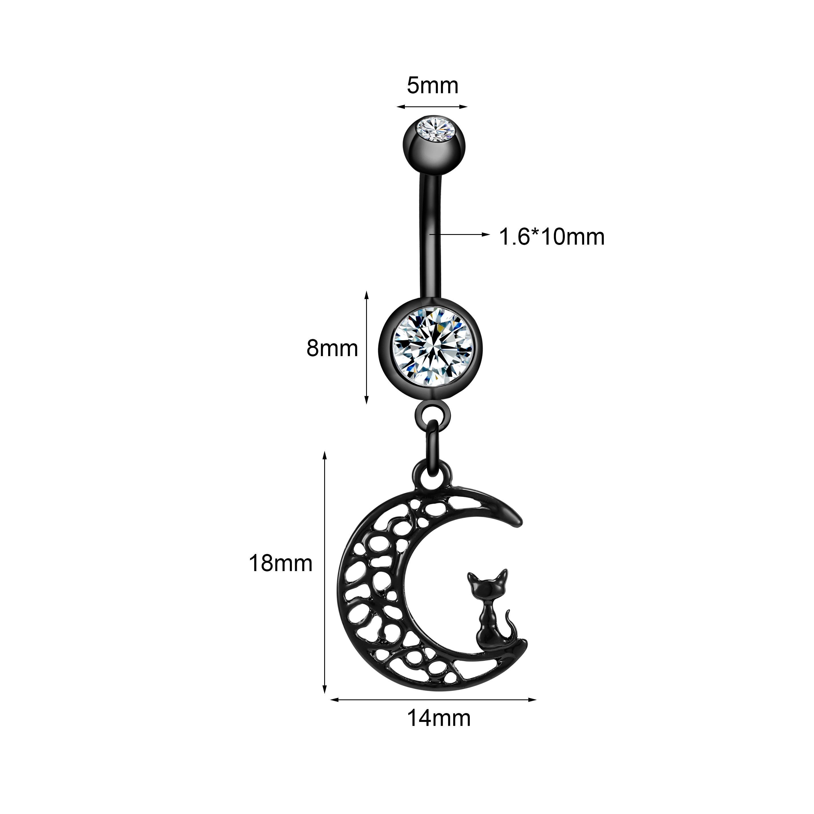 Moon and Cat Dangle Belly Rings/ Black Stainless Steel