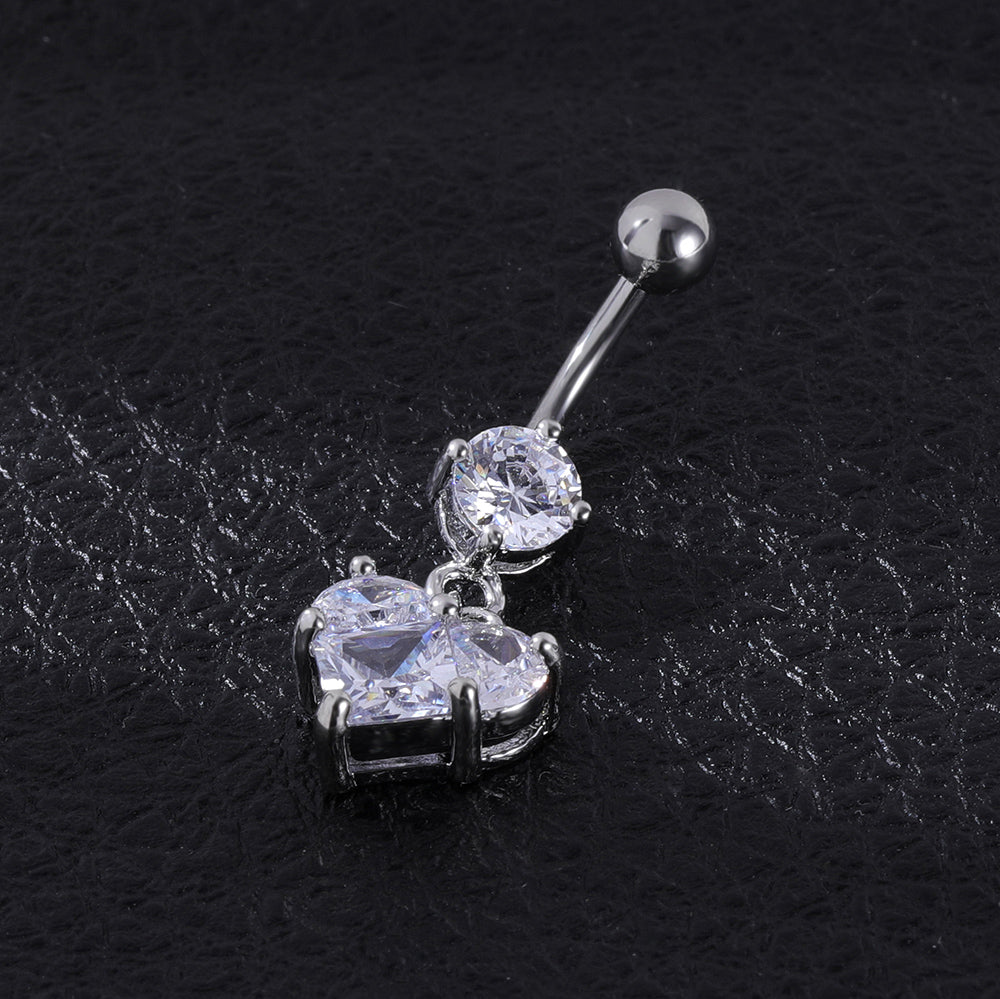 14g Dangle Heart dangle belly button rings Double Crystal Navel Ring Piercing Jewelry